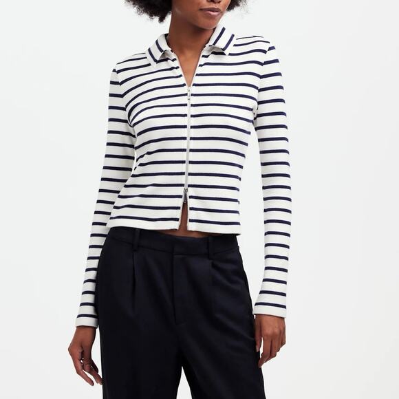 Madewell Tops - NWT Madewell Ribbed Zip-Front Long Sleeve Sweater Tee Navy Winter White Medium